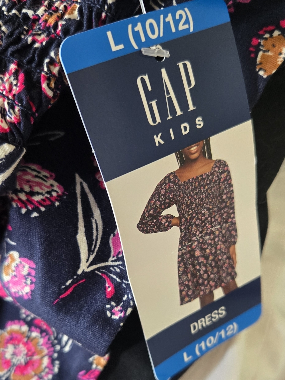 Gap Kids Smocked Floral Print Dress Navy Uniform Size Large 10/12 - Picture 2 of 2